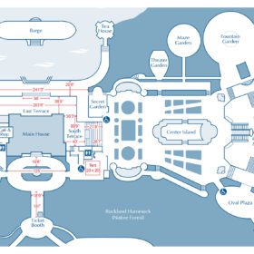 Map of Vizcaya's outdoor areas with spaces available for rental that includes measurements (US Standard). Includes Terraces, Garden Mound, and entryway.