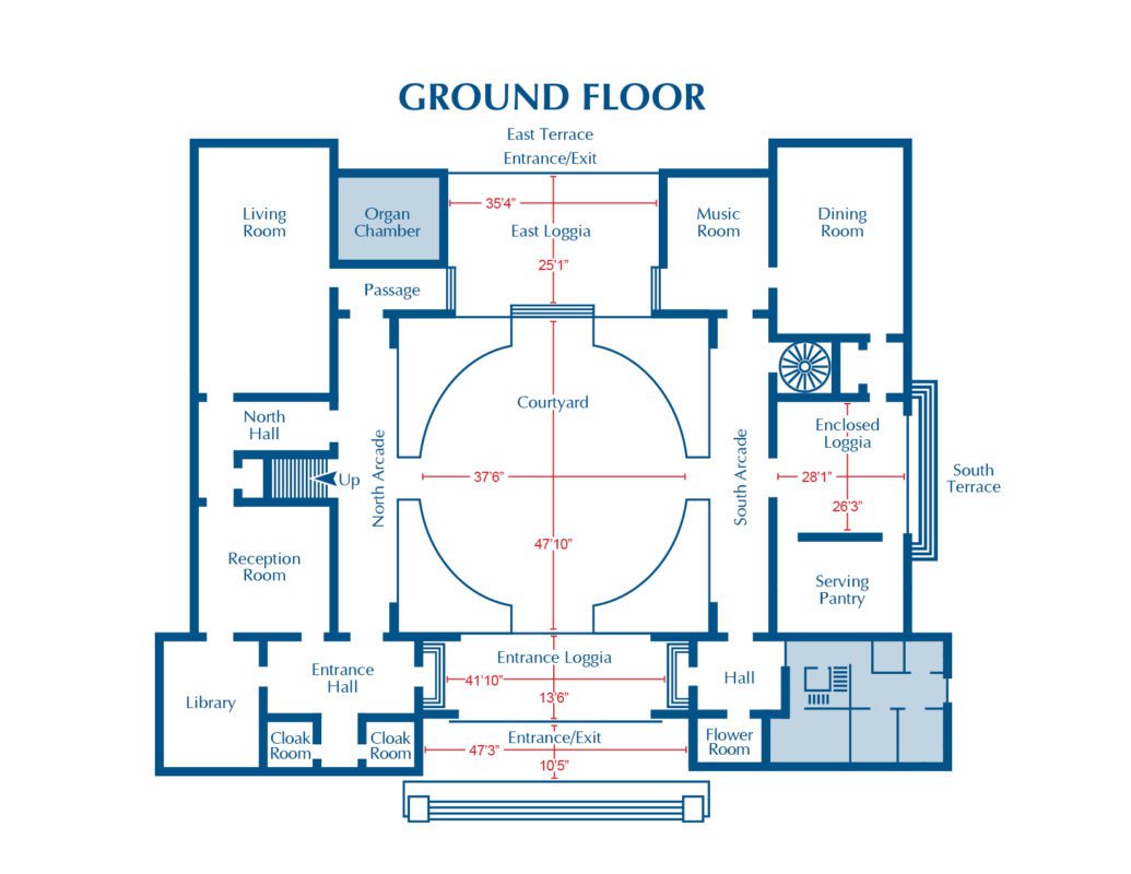 Facility Rental Map of Vizcaya's Main House with measurements for spaces for Evening Rentals. Includes Entrance, East and Enclosed Loggias, Courtyard and Entrance.