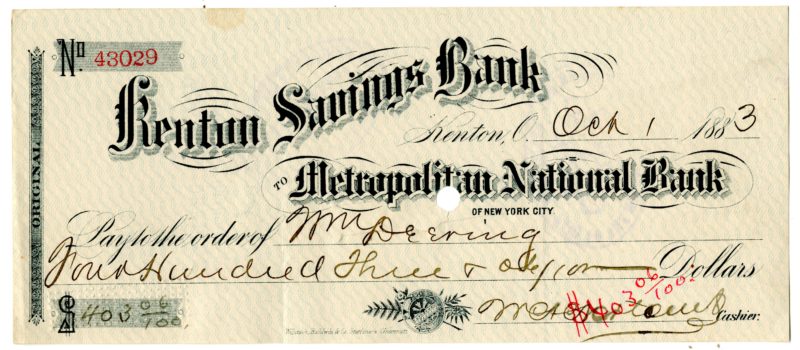 William Deering's October 1, 1883 check for $403.06 from Kento Savings Bank of Ohio
