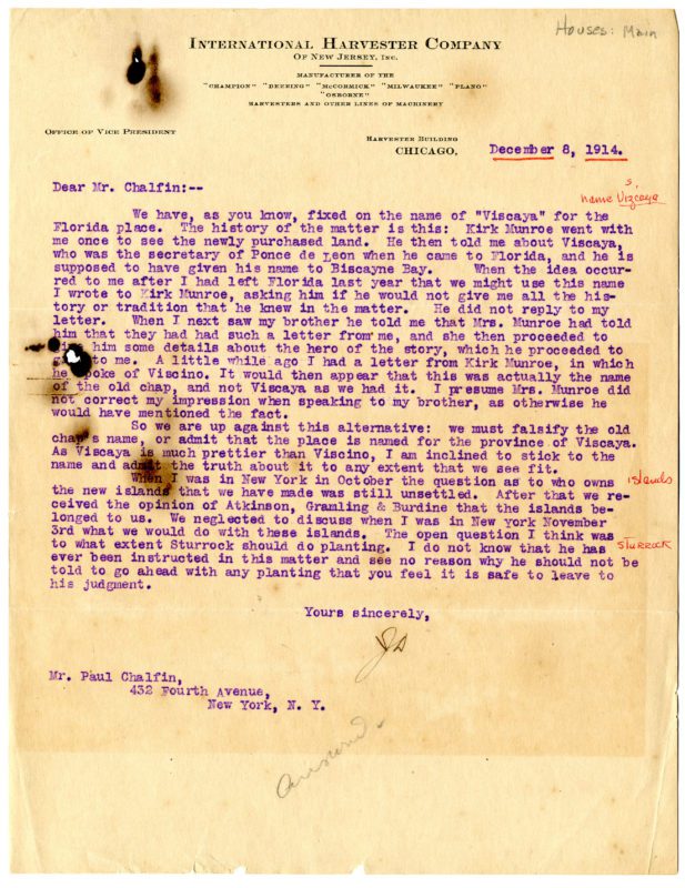December 8, 1914 letter from James Deering to Paul Chalfin on International Harvester letterhead