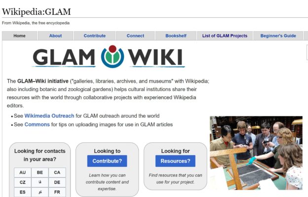 Image of the home page for GLAM-WIKI initiative