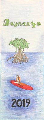 Hand-drawn artwork for Baynanza bookmark design featuring a mangrove tree with a person on a paddleboard,