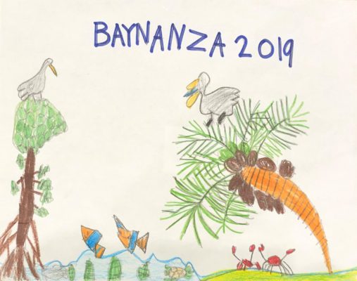 Hand-drawn artwork for Baynanza t-shirt design featuring birds, mangroves, a coconut palm tree, and crabs.