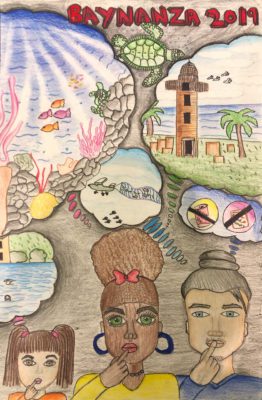 Hand-drawn artwork for Baynanza poster design featuring three people with thought bubbles, thinkikng about an undersea world with fish in a coral reef, a beach with a lighthouse and palm tree, and thinking about no trash.