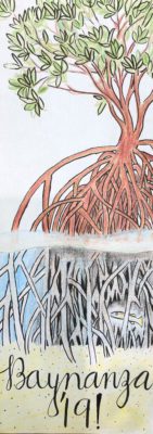 Hand-drawn artwork for Baynanza bookmark design featuring a mangrove tree that is is both above and below the water. A fish swims among the roots.