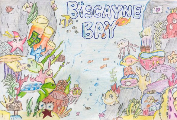 Hand-drawn artwork for Baynanza poster design featuring three people with thought bubbles, thinkikng about an undersea world with fish, star fish and other creatures in a coral reef.