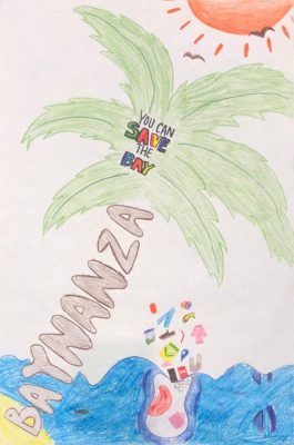 Hand-drawn artwork for Baynanza poster design featuring a palm tree with trunk created with the word "Baynanza," and the words "you can save the bay" in the palm, under a sune. The water is created as a face that is expelling garbage from it's month.