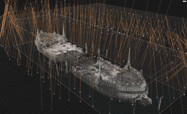 Digital rendering point cloud of a stone barge
