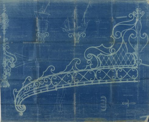 Detail of Caravel on arch (caravel to be of bronze). Architectural Drawings Collection, Vizcaya Museum & Gardens Archives, Miami, Florida.