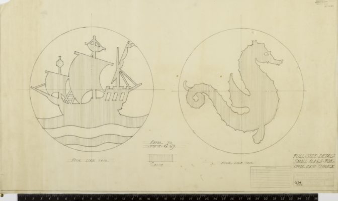 Full size details small flags for upper East Terrace. (shows a caravel and a seahorse). Architectural Drawings Collection, Vizcaya Museum & Gardens Archives, Miami, Florida.