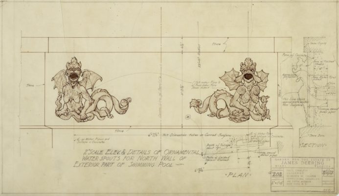 Two-inch scale elevation and details of ornamental water spouts for north wall of exterior part of swimming pool. Architectural Drawings Collection, Vizcaya Museum & Gardens Archives, Miami, Florida.