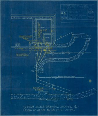 1/4 inch scale drawing showing levels of VIT Sps to and from sump. Architectural Drawings Collection, Vizcaya Museum & Gardens Archives, Miami, Florida.