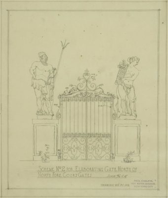 Scheme No. 2 for elaborating gate north of north Forecourt gates. Architectural Drawings Collection, Vizcaya Museum & Gardens Archives, Miami, Florida.