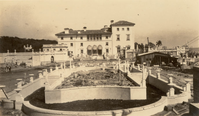 Construction of the Center Island in Vizcaya's Formal Gardens, wiht Main House in background. Photo circa 1918.