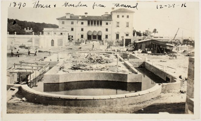 Construction of the entire formal gardens, with Main House in the background. Photo dated December 28, 1916.