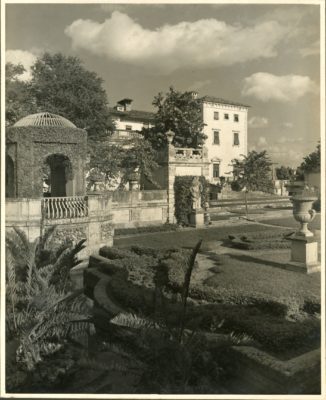 Vizcaya's formal gardens with view back to the Main House from 1934