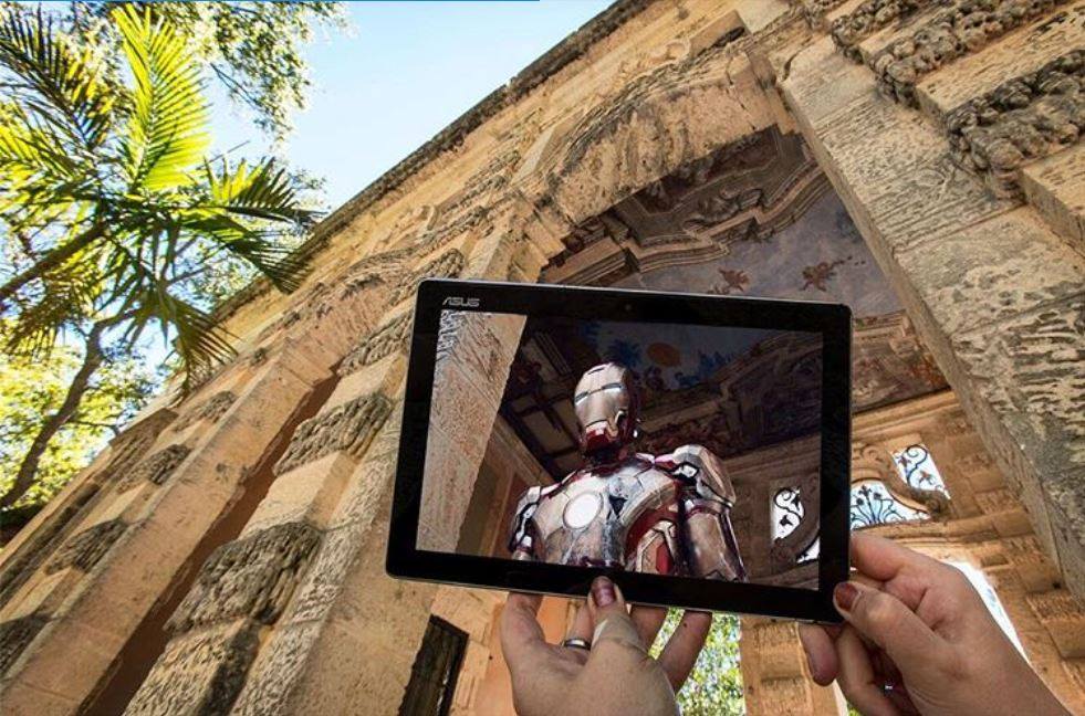 Tablet with Iron Man shown against backdrop of actual location at Vizcaya, the Casino.