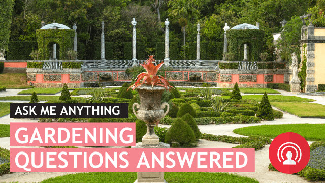 Vizcaya's Formal Gardens with text: Ask me anything. Gardening Questions Asked.