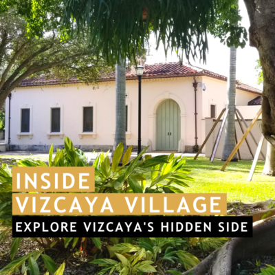 Vizcaya's historic blacksmith shop with text: Inside Vizcaya Village. Explore Vizcaya's Hidden Side