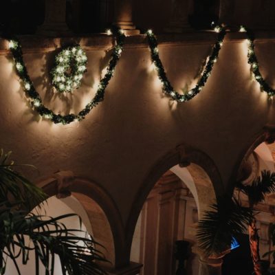 Holiday evening main house decor garland and wreath
