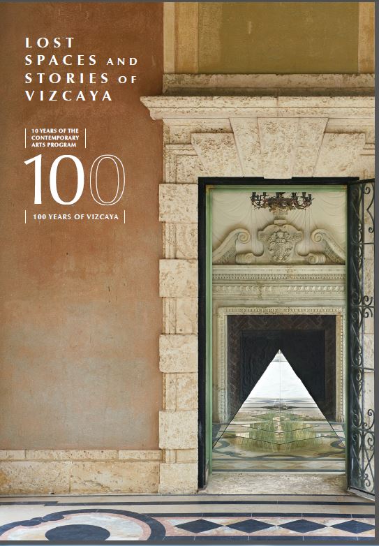 Cover of book Lost Spaces and Stories of Vizcaya that shows one of the rooms off the Casino with a fireplace and a reflective pyramid shaped object