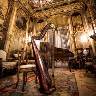 Rococo desig in Vizcaya's Music Room, complete a harp, harpsicord and other instruments