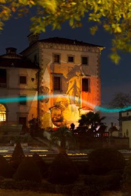 Vizcaya's main House covered in light projections during Spectral Vizcaya