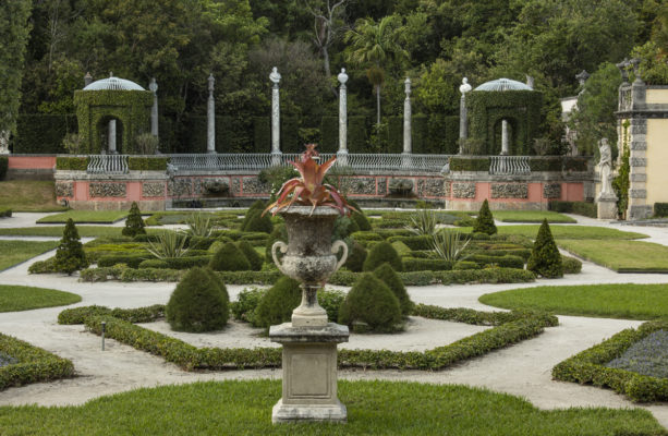 Vizcaya's Formal Gardens with planter in foreground and eastern lily pond in background.