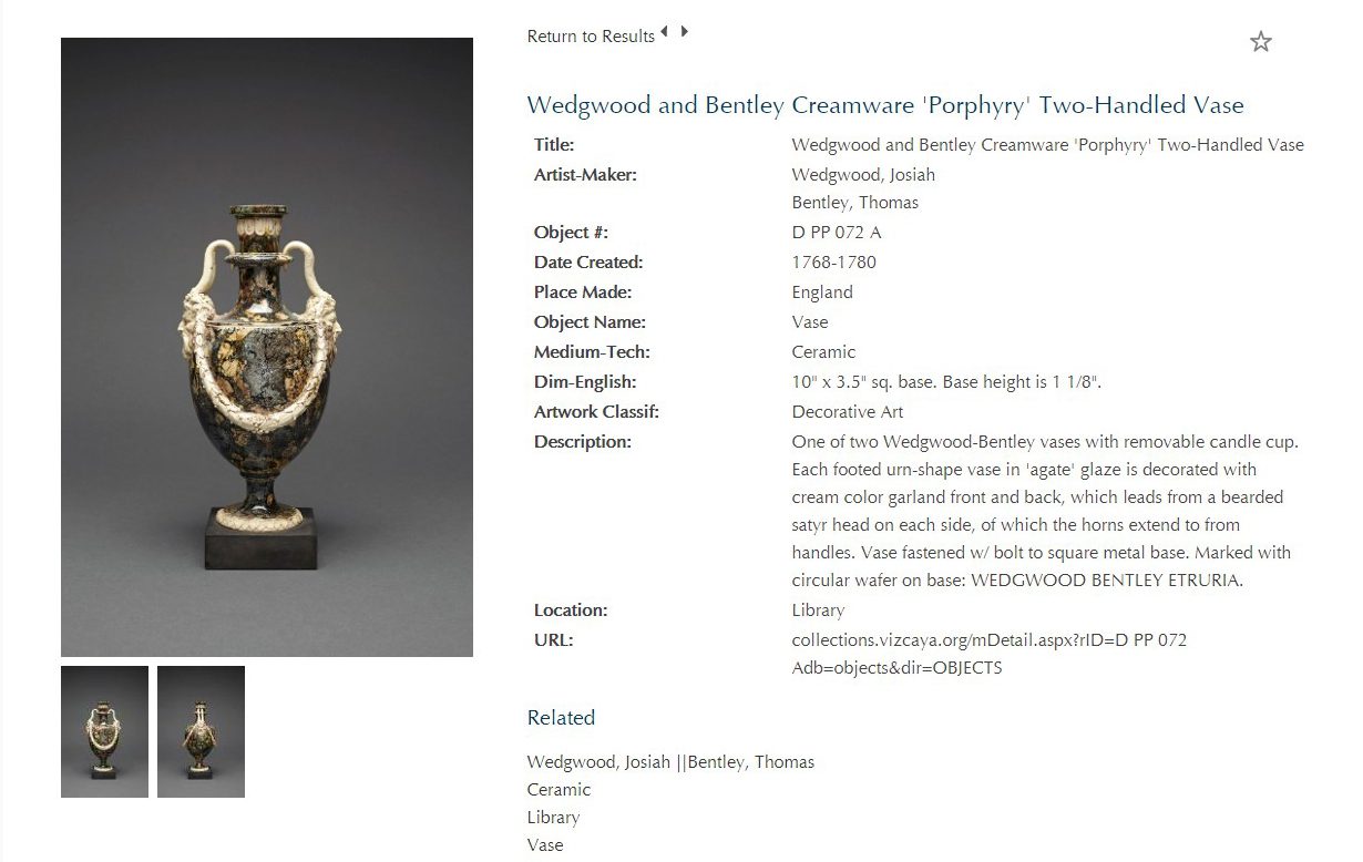 Screen capture of the Digital Object Catalogue at Vizcaya
