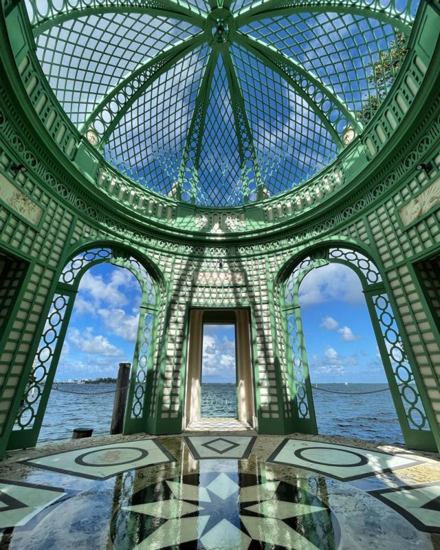 Vizcaya's Tea House with a newly restored domed lattice roof on the shores of Biscayne Bay.