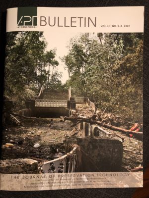 Cover of the aPT Bulletin that features a sepia tone photo of Vizcaya's Marine Garden after Hurricane Irma. Shows damage including seagrass debris.