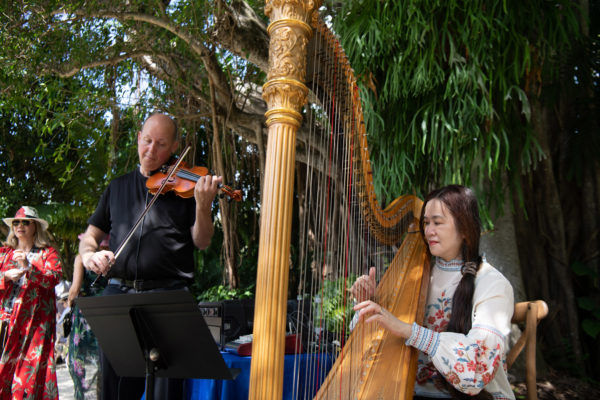 A violinist and a harpist playing music together.