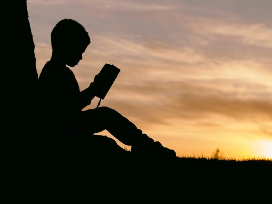 Little boy reading a book against a sunset sky