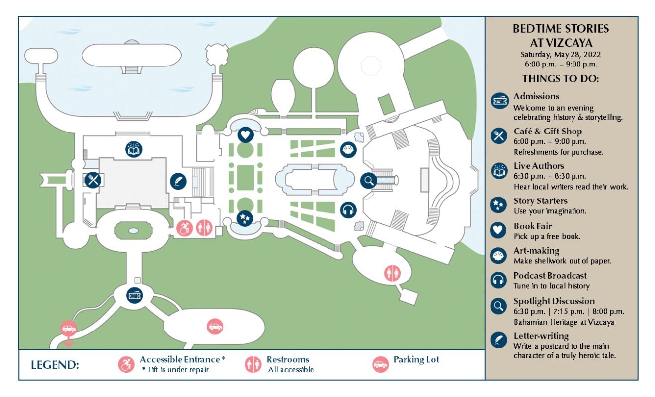 a map of Vizcaya estate with icons noting activities during the Bedtime family program