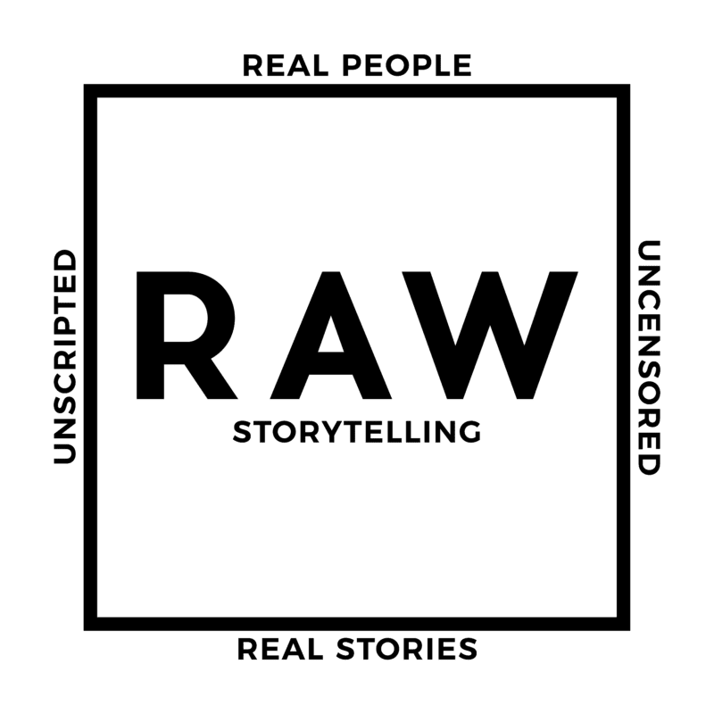 RAW Storytelling logo in black text on a while background. The logo also have Real People, Real Stories Unedited and unscripted around the logo box