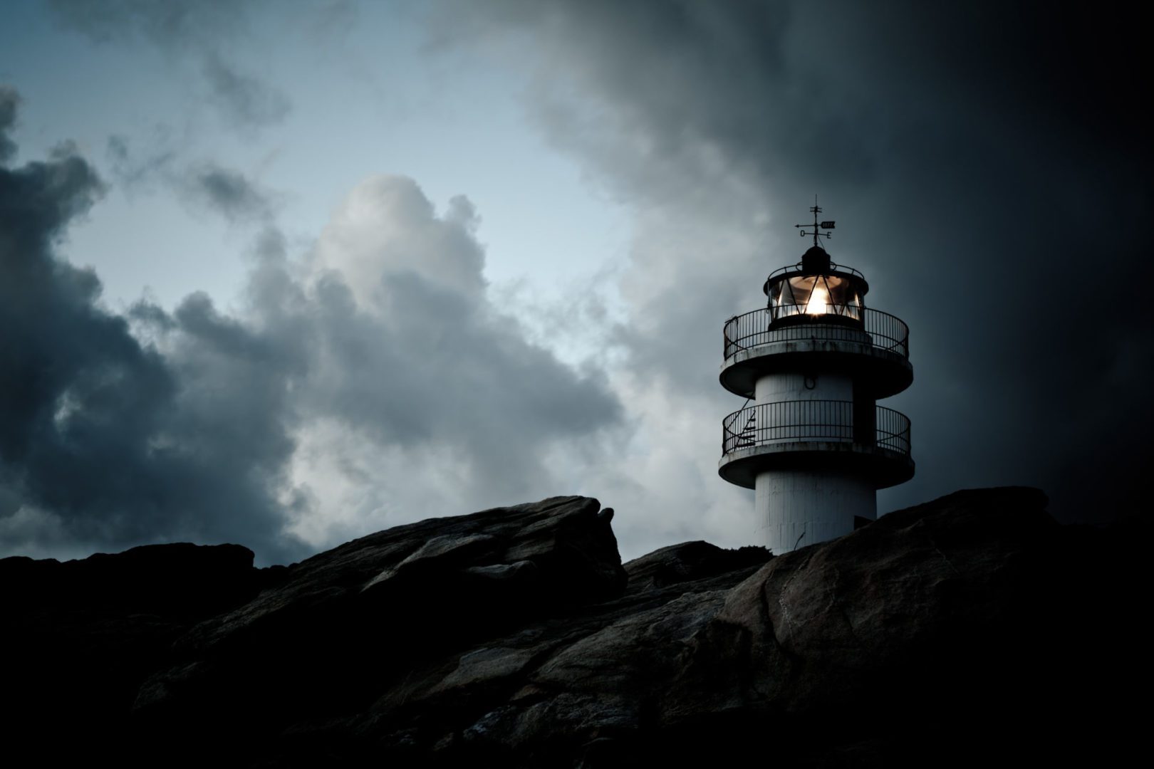 Working Lighthouse at Bad Weather. Horizontal shot