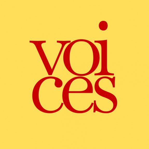 a yellow box with the word VOICES in it, in red text