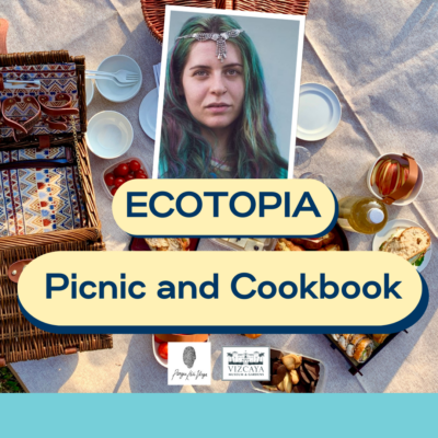 a photo of a woman with green hair and a jeweled headpiece, along with the words Ecotopia, Mending and Sewing are the primary focus. In the background is a photograph of a picnic