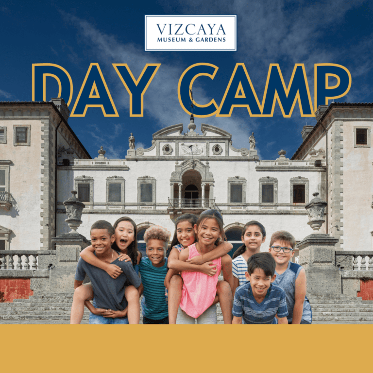A group of students standing in front of the Vizcaya day camp building.