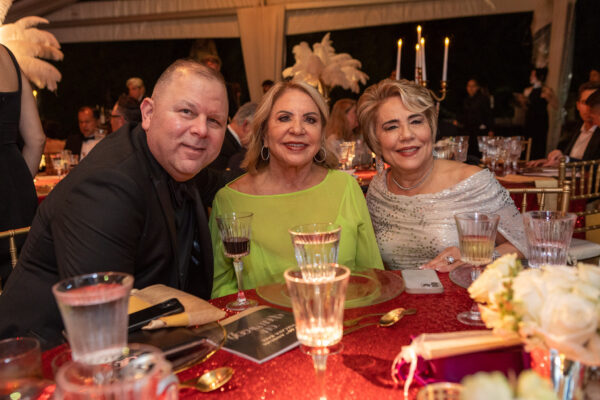 Three people posing for a photo at the Vizcaya Ball event.