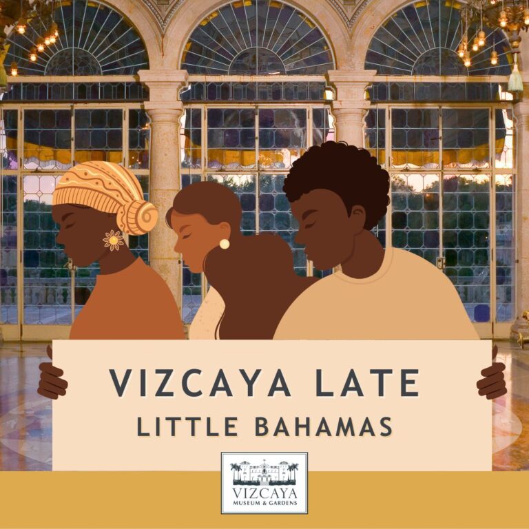 Stylized illustrationbs of three Black people with the words "Vizcaya Late: Little Bahamas" and the Vizcaya museum logo