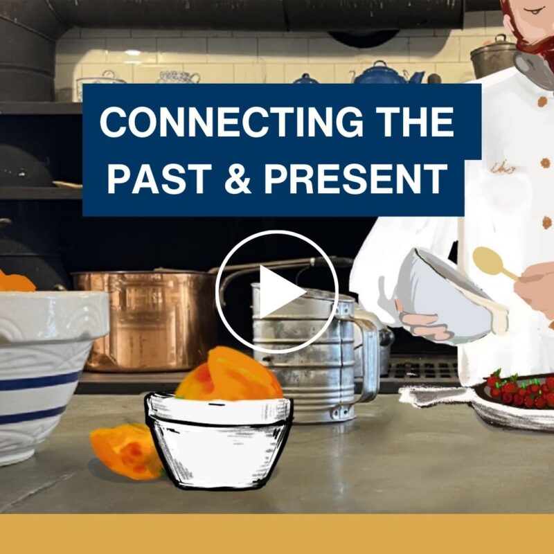 A chef is preparing food in a kitchen with the words "connecting the past and present."