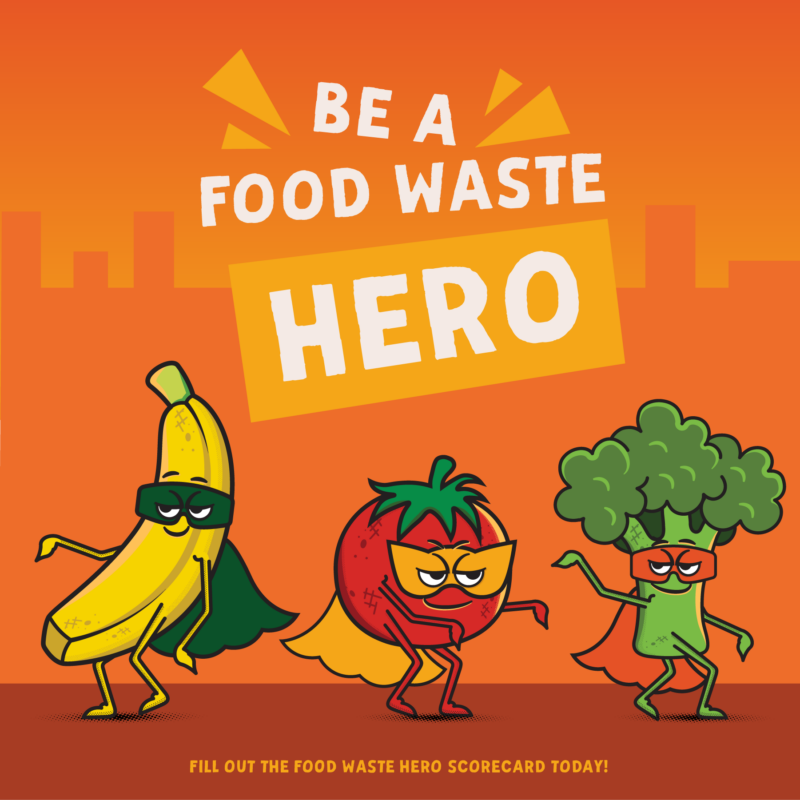 Animated fruits and vegetables dressed as superheroes encouraging to reduce food waste.