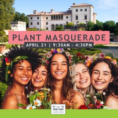 Promotional image for a "plant masquerade" event featuring five joyful women with floral headpieces in front of a grand mansion, event details included.