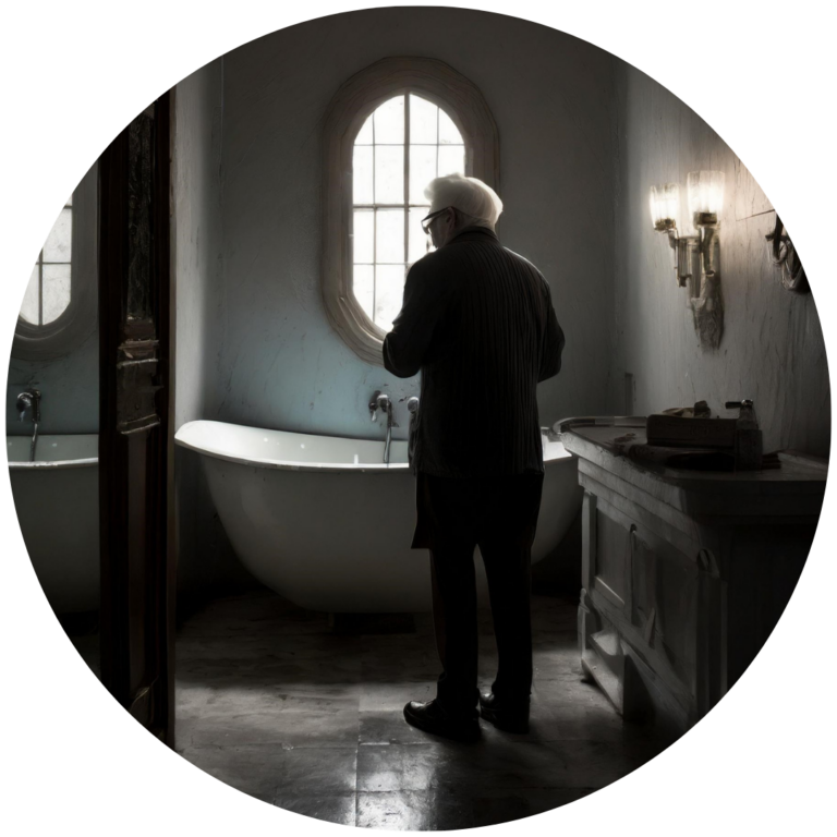 An elderly person standing contemplatively in a vintage bathroom with a freestanding tub and classical decor.