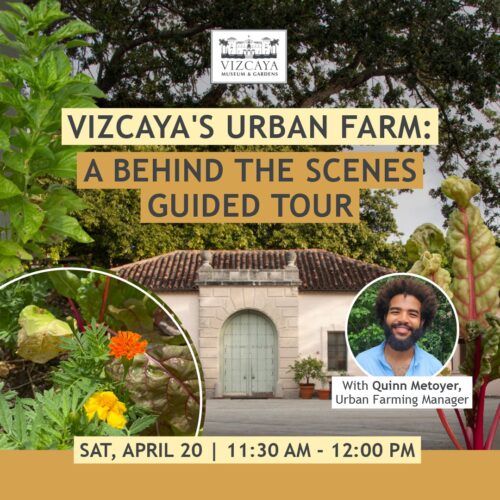 Promotional poster for a guided tour of vizcaya's urban farm with quinn metoyer, the urban farming manager, scheduled for saturday, april 20 at 11:30 am.