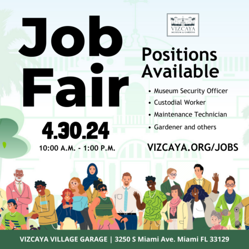 Poster for a job fair at vizcaya village garage on april 30, 2024, listing positions such as security officer and technician, featuring diverse illustrated people.
