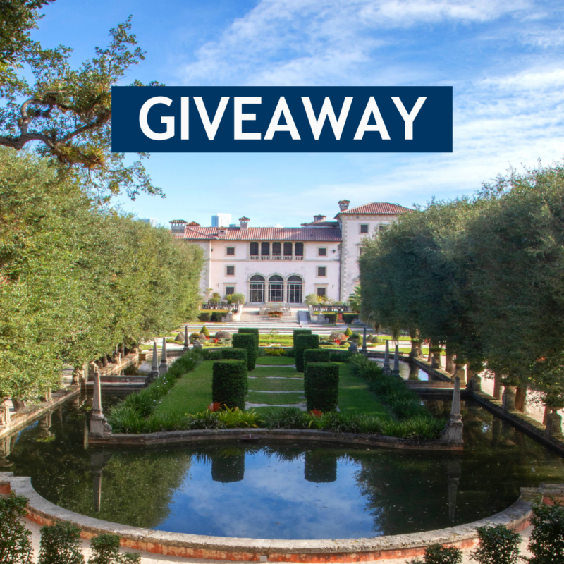 Luxury estate with landscaped garden promoting a giveaway contest.