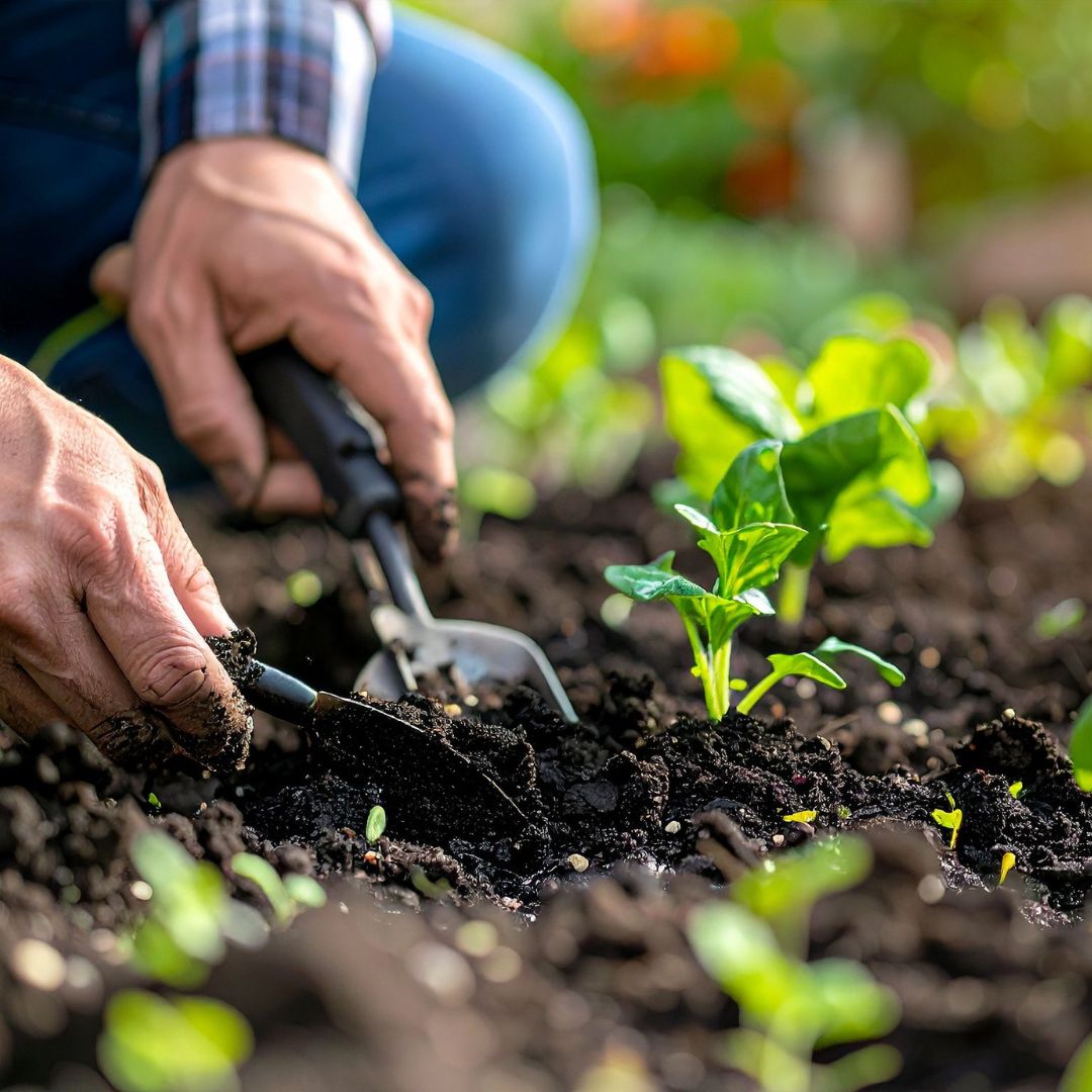 A person uses a trowel to tend to young green plants in a garden bed, with soil and seedlings visible in bright outdoor light.
