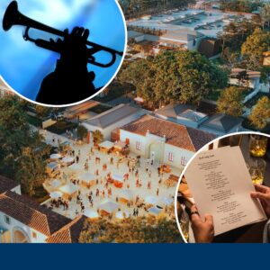 A collage shows a trumpet player, an aerial view of a courtyard event, and a person holding a menu at a table with drinks.